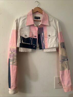 Nicopanda Pink, Blue & White Cropped Denim Jacket
